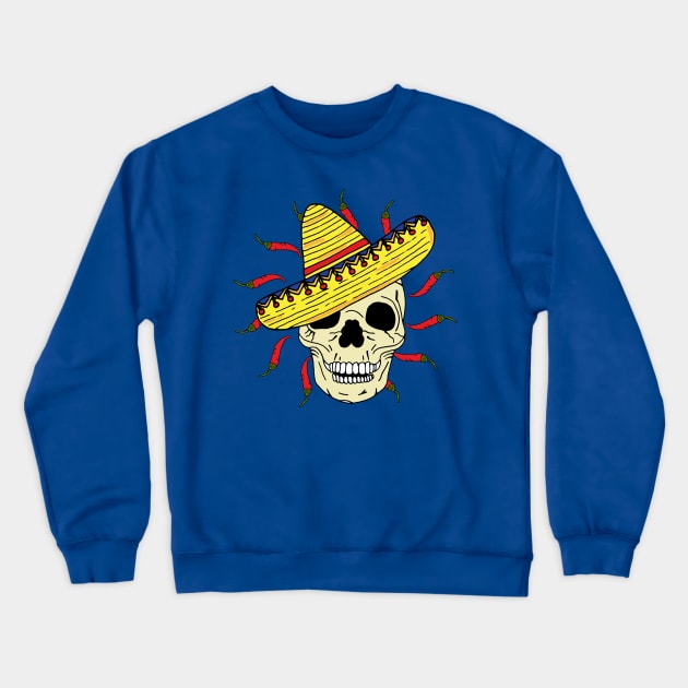 Skeleton Skull Wearing Sombrero with Chillies Crewneck Sweatshirt by HotHibiscus